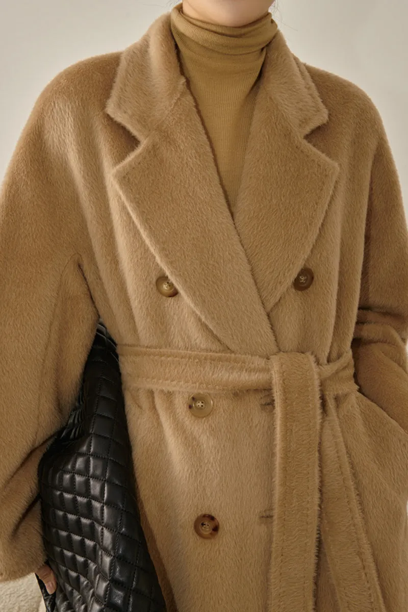 100 Peru Suri Alpaca Wool Double-Breasted Long Coat with Belt