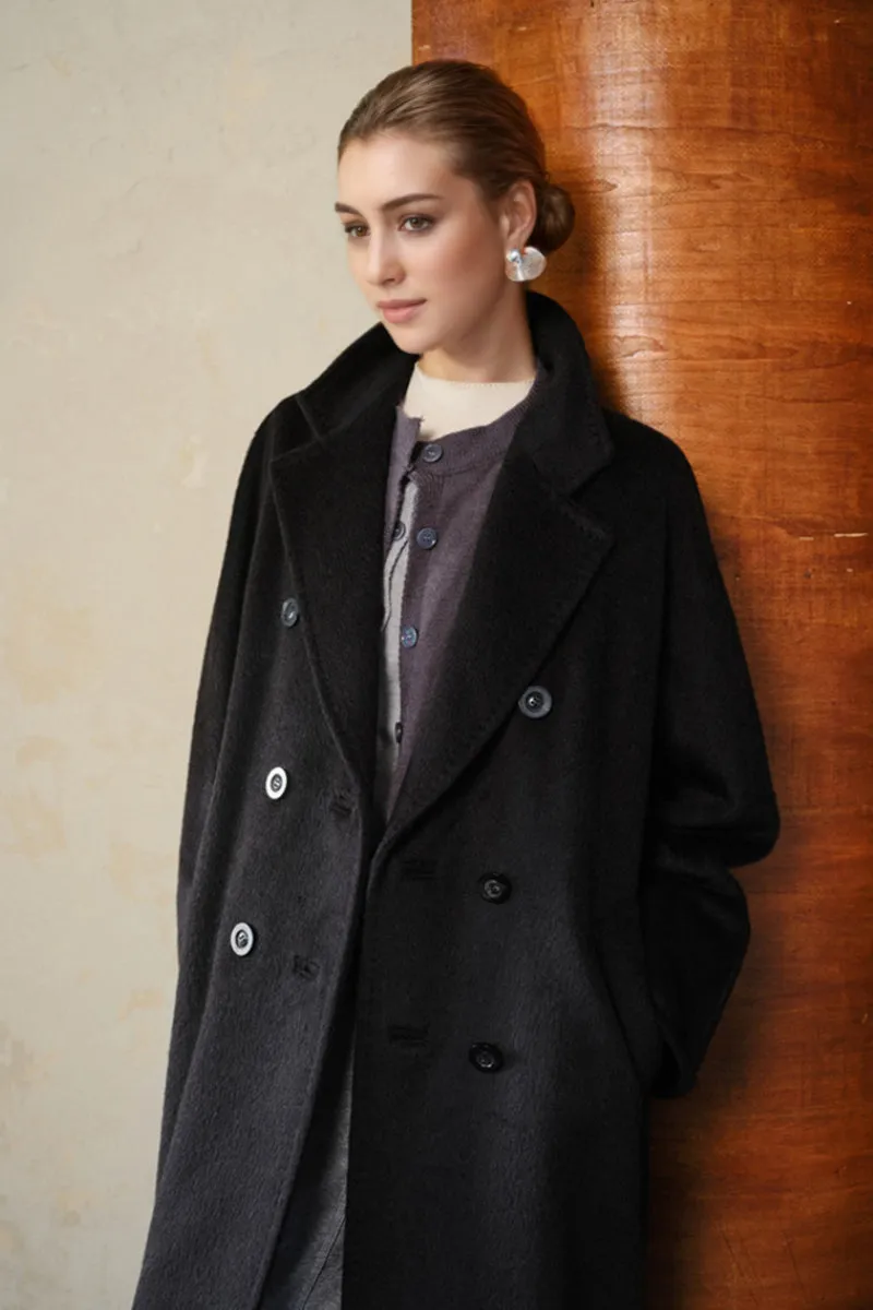 100 Peru Suri Alpaca Wool Double-Breasted Long Coat with Belt