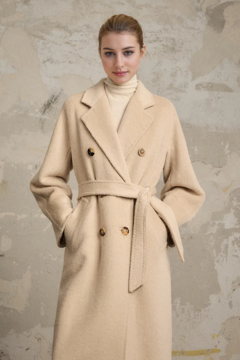 100 Peru Suri Alpaca Wool Double-Breasted Long Coat with Belt