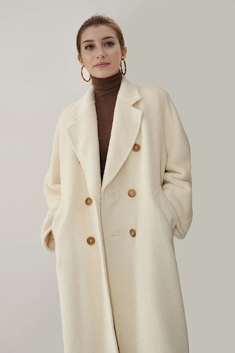100 Peru Suri Alpaca Wool Double-Breasted Long Coat with Belt
