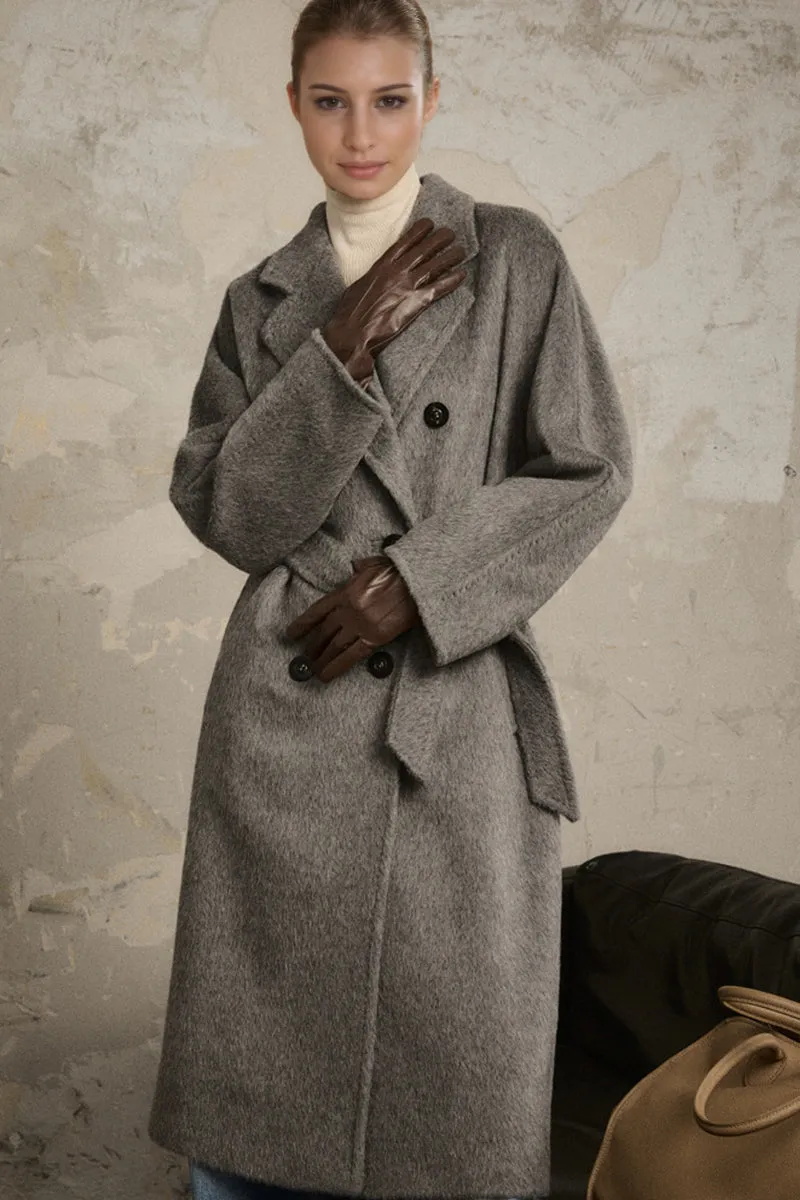 100 Peru Suri Alpaca Wool Double-Breasted Long Coat with Belt
