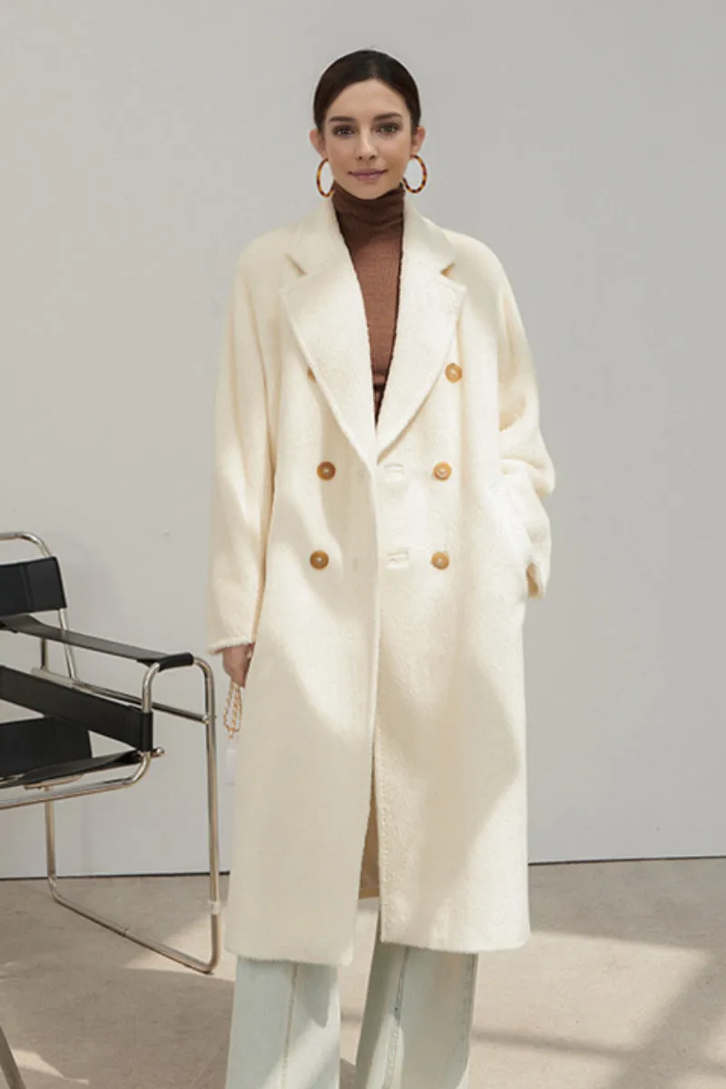 100 Peru Suri Alpaca Wool Double-Breasted Long Coat with Belt