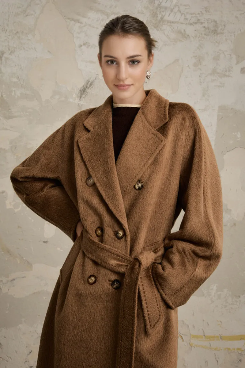 100 Peru Suri Alpaca Wool Double-Breasted Long Coat with Belt