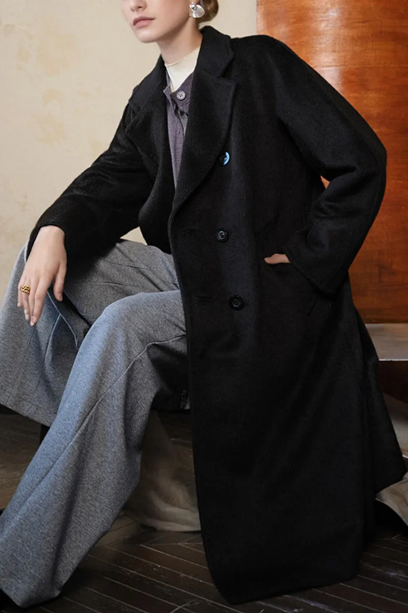 100 Peru Suri Alpaca Wool Double-Breasted Long Coat with Belt