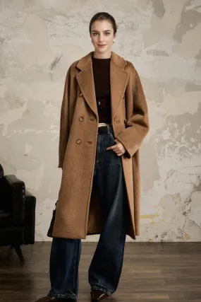 100 Peru Suri Alpaca Wool Double-Breasted Long Coat with Belt