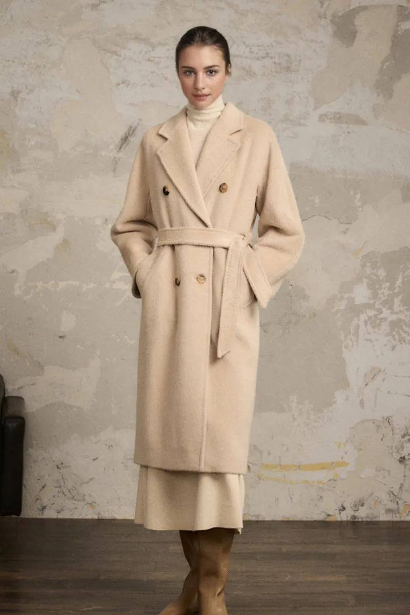 100 Peru Suri Alpaca Wool Double-Breasted Long Coat with Belt