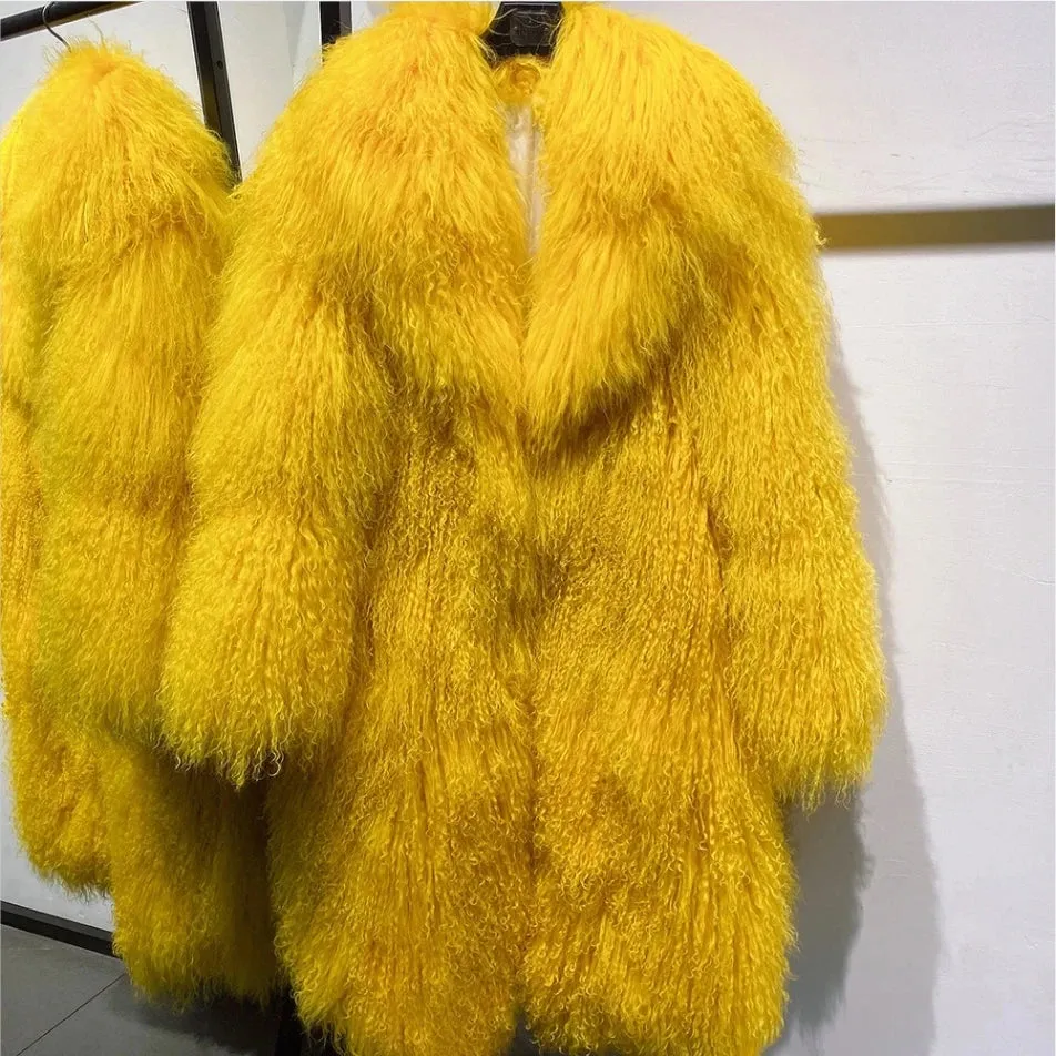 100% Real Curly Shearling Fur Long Coat