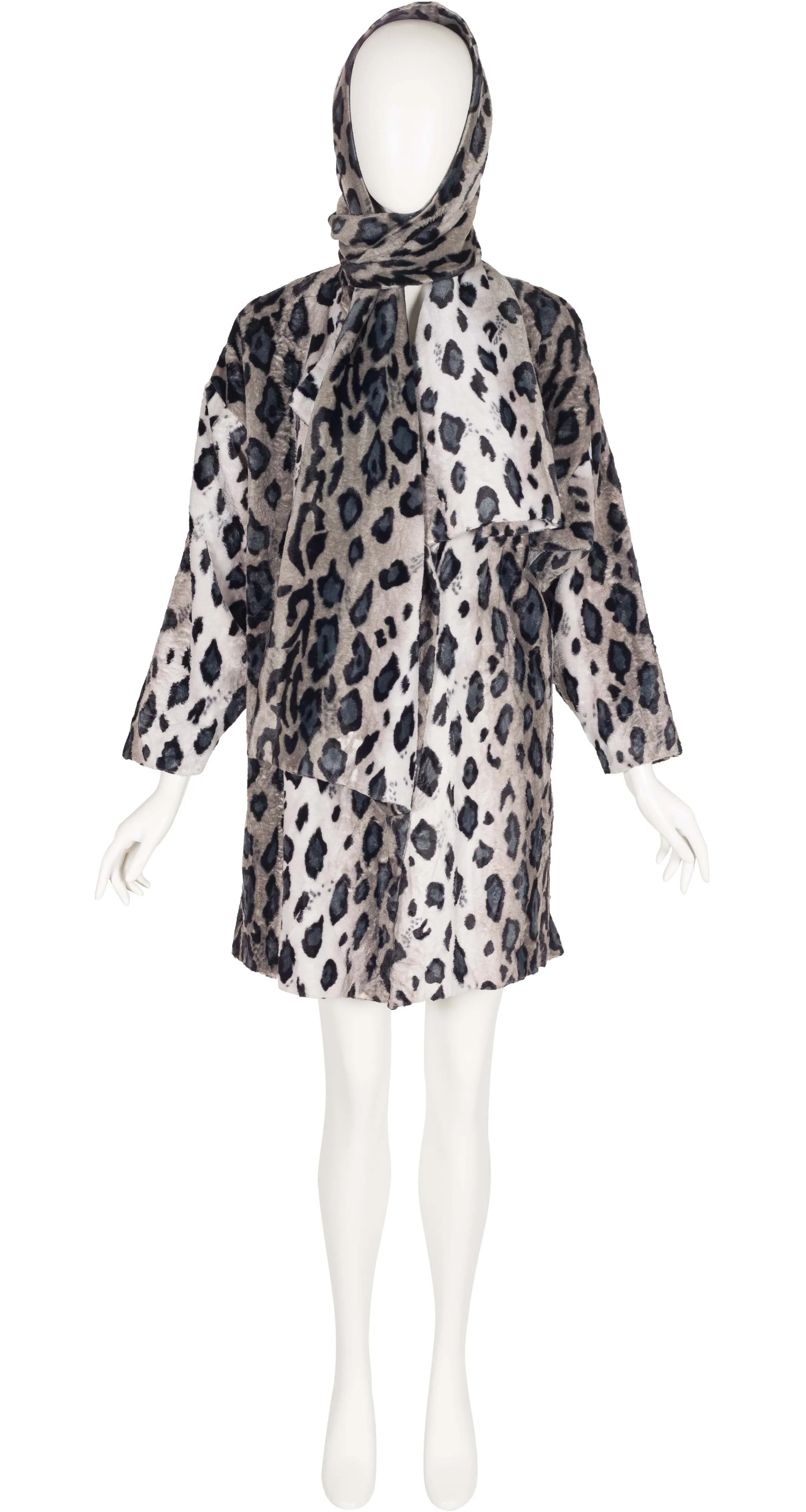 1990s Snow Leopard Faux Fur Coat & Scarf Set