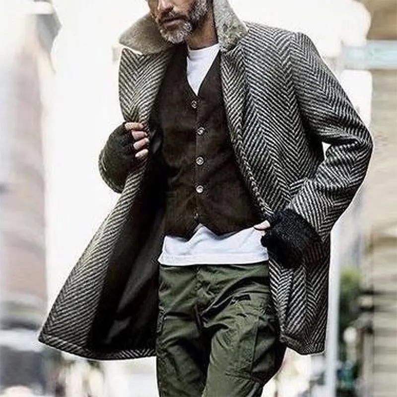 BACKWOODS | Men's Vintage Herringbone Fabric Spliced Fur Collar Coat