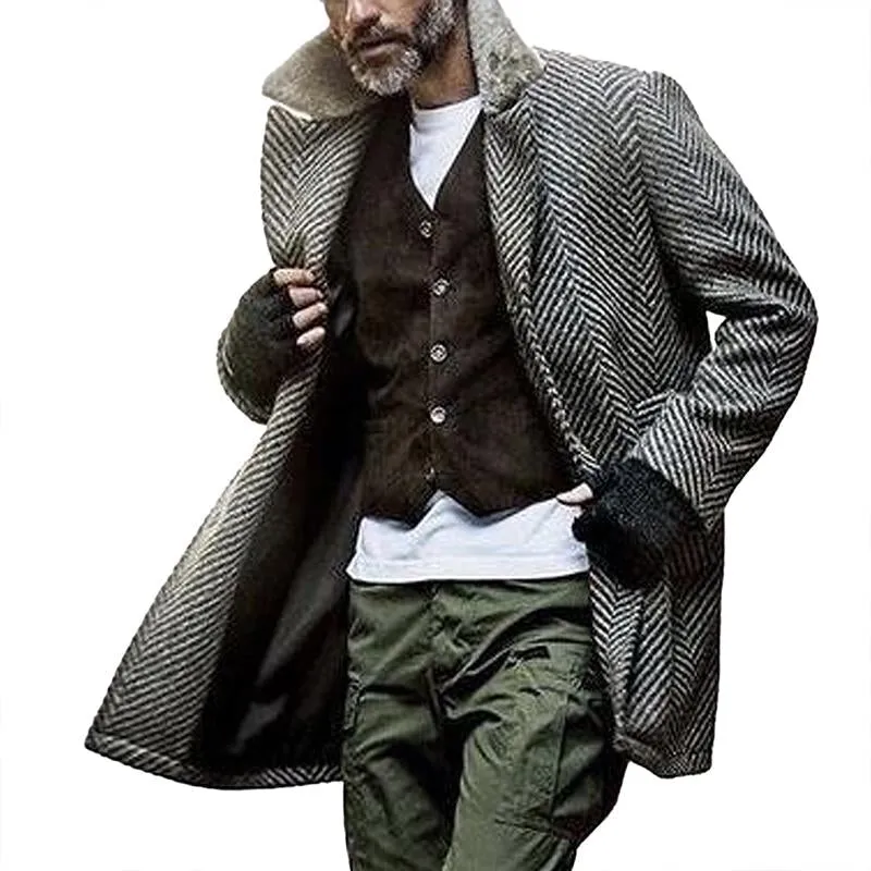 BACKWOODS | Men's Vintage Herringbone Fabric Spliced Fur Collar Coat