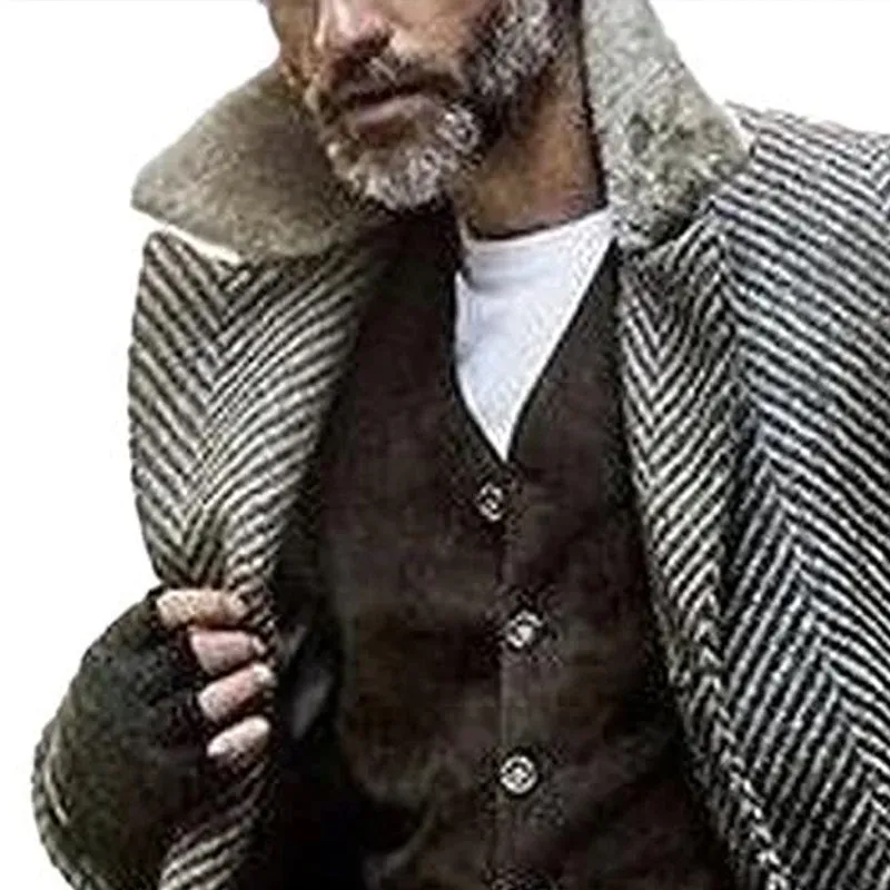 BACKWOODS | Men's Vintage Herringbone Fabric Spliced Fur Collar Coat