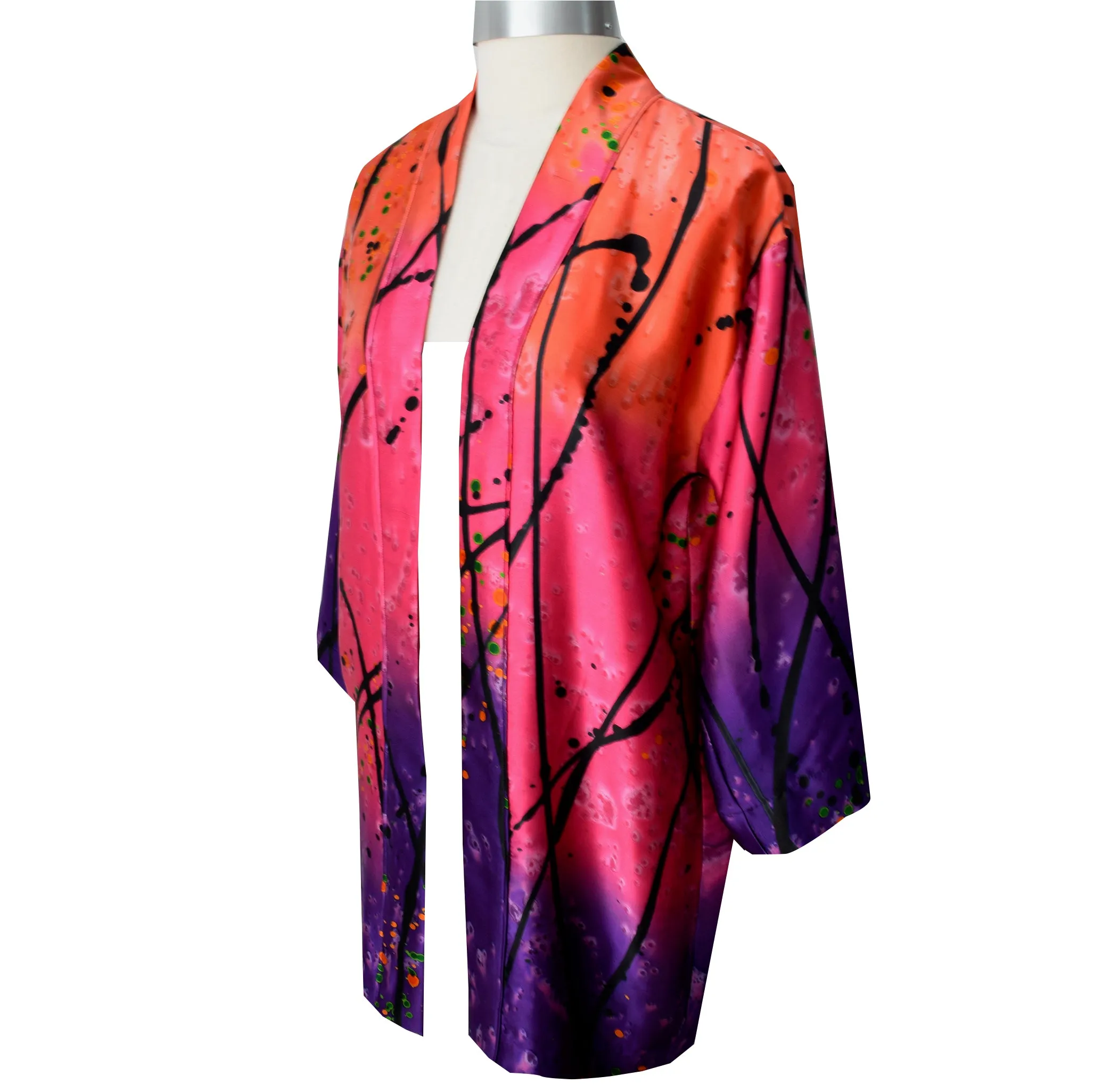 Beautiful Silk Charmeuse Kimono Jacket in Printed Pattern of Purple/Pink/Coral