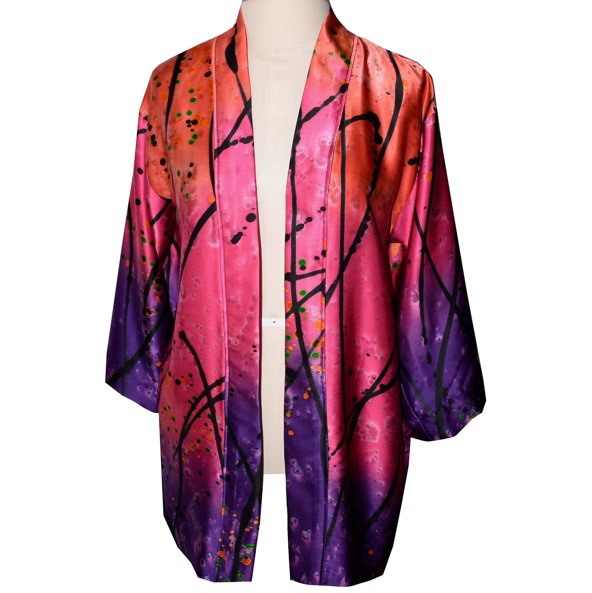 Beautiful Silk Charmeuse Kimono Jacket in Printed Pattern of Purple/Pink/Coral
