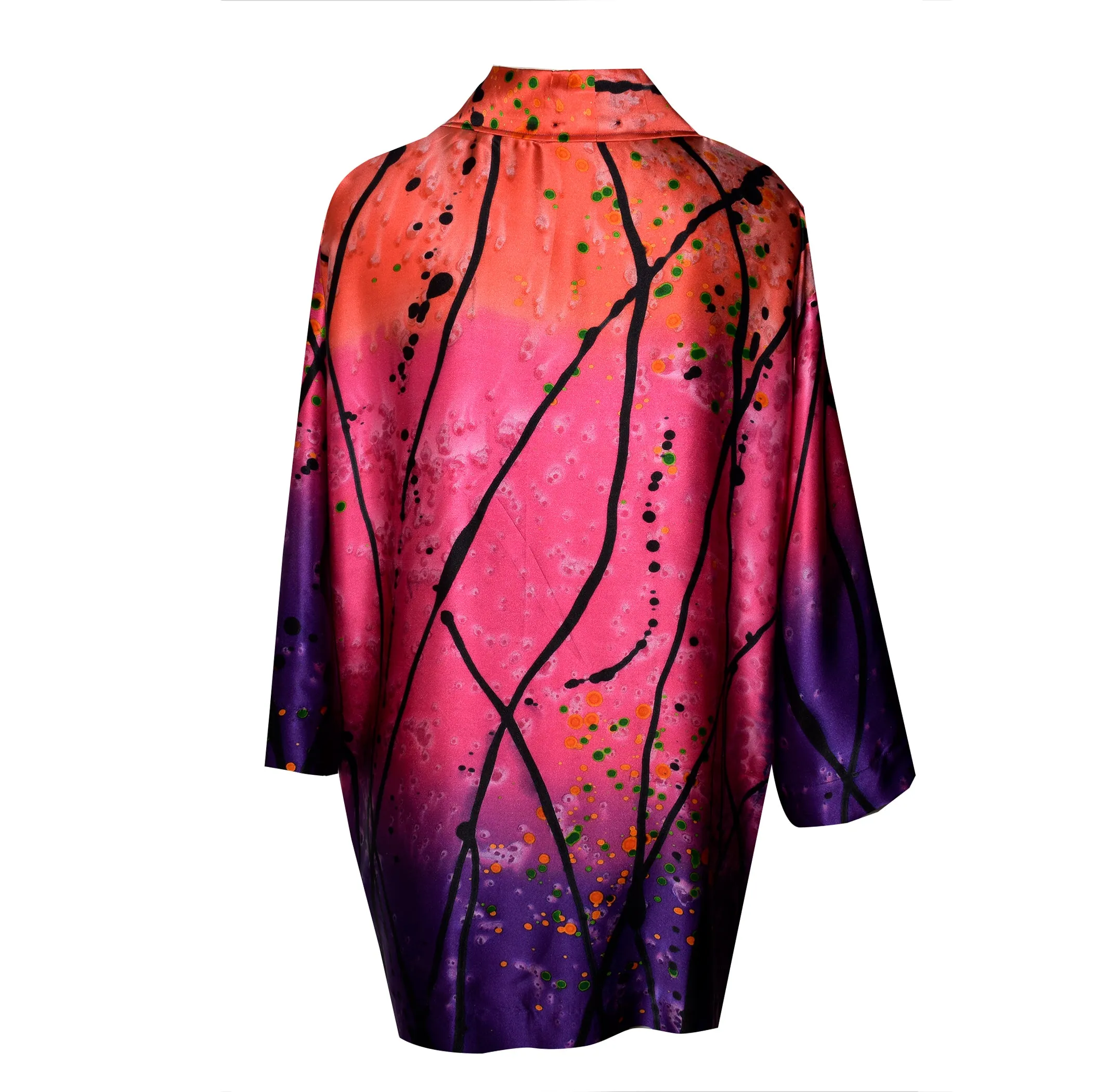 Beautiful Silk Charmeuse Kimono Jacket in Printed Pattern of Purple/Pink/Coral