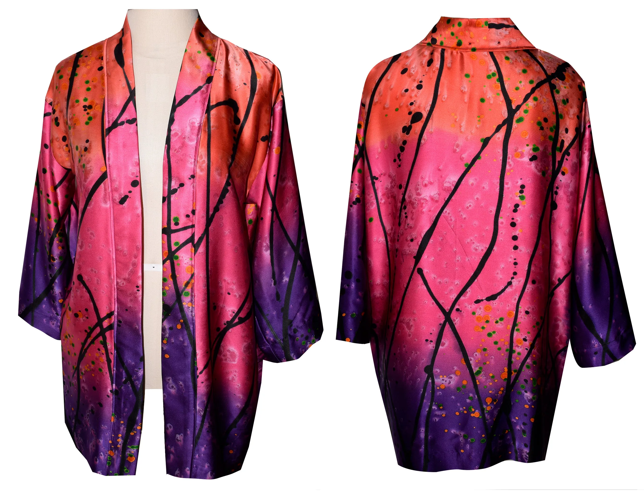 Beautiful Silk Charmeuse Kimono Jacket in Printed Pattern of Purple/Pink/Coral