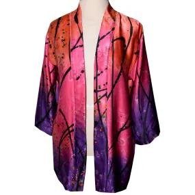Beautiful Silk Charmeuse Kimono Jacket in Printed Pattern of Purple/Pink/Coral