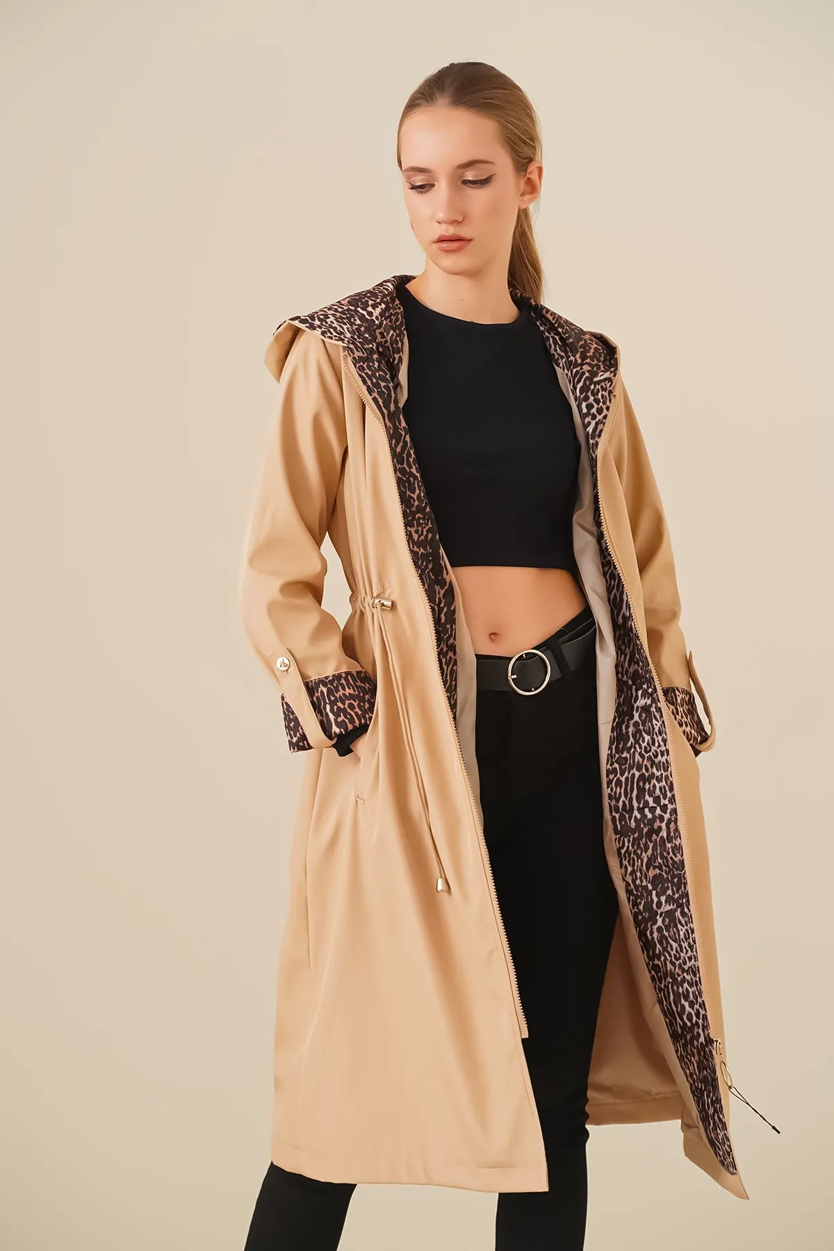 BGD Women Waist Gathered Hooded Trench Coat - Light Beige - Carpentersville