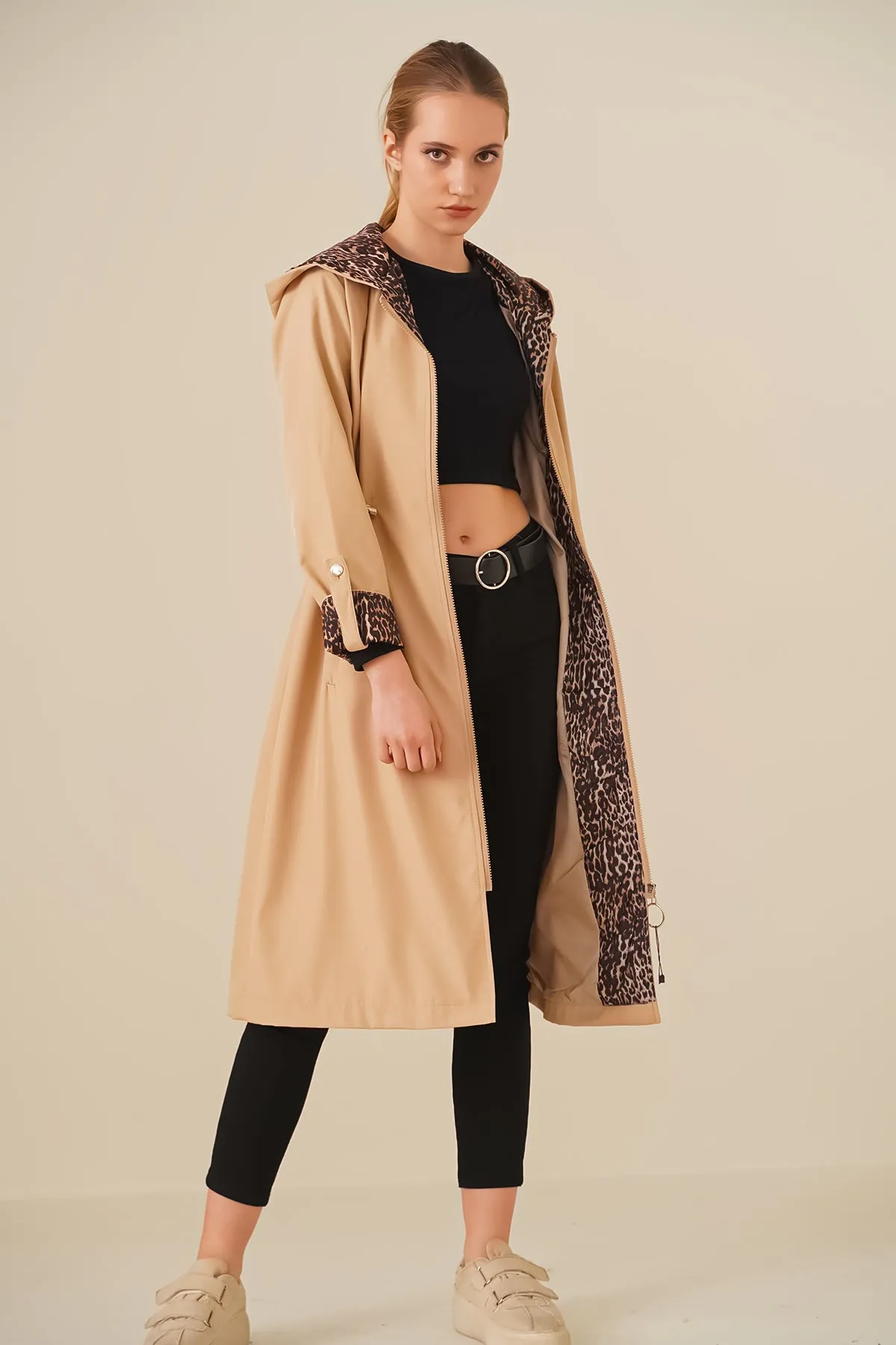 BGD Women Waist Gathered Hooded Trench Coat - Light Beige - Carpentersville