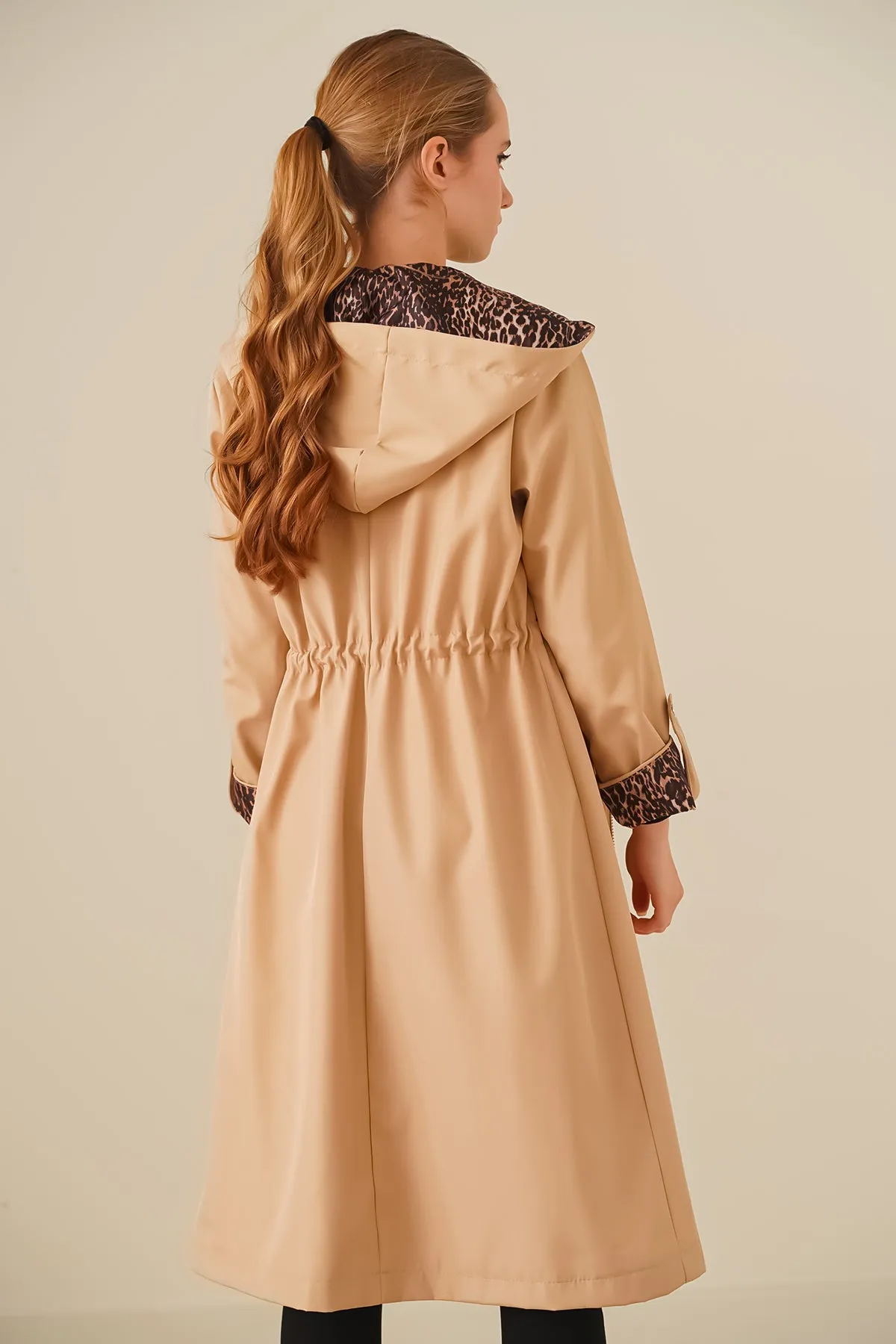BGD Women Waist Gathered Hooded Trench Coat - Light Beige - Carpentersville