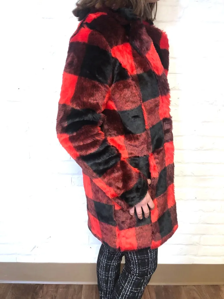 Buffalo Plaid Faux Fur Coat