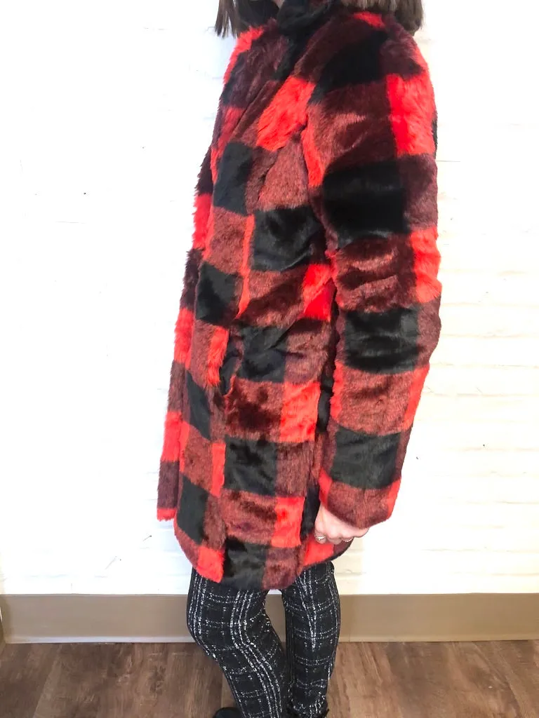 Buffalo Plaid Faux Fur Coat