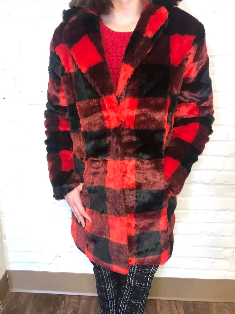 Buffalo Plaid Faux Fur Coat