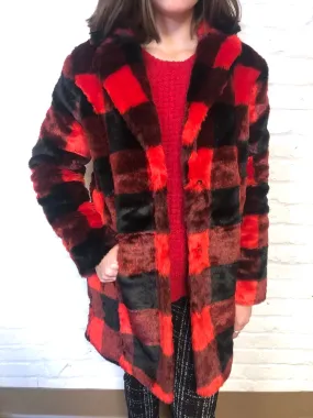 Buffalo Plaid Faux Fur Coat
