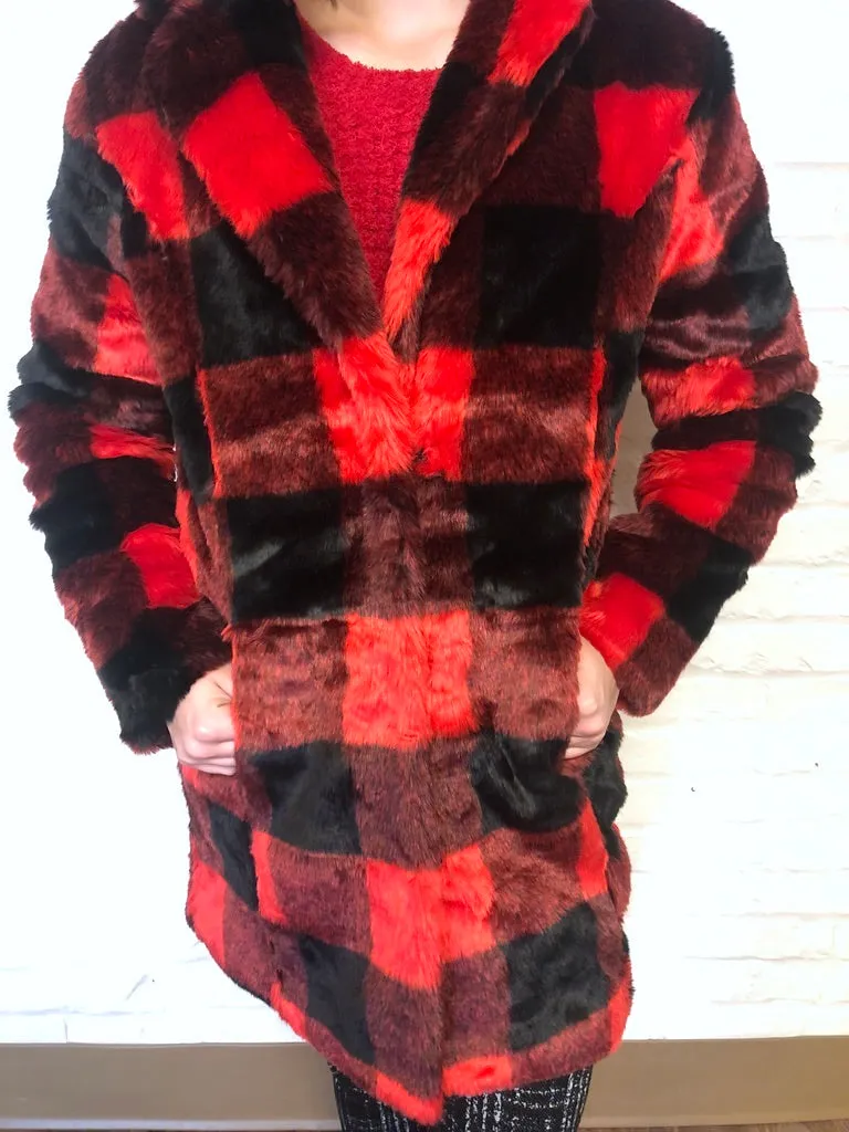 Buffalo Plaid Faux Fur Coat