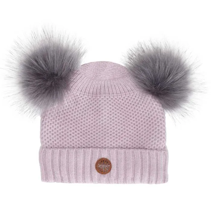 CALIKIDS SOFT TOUCH WAFFLE KNIT DUAL POMPOM HAT - ALMOND, LILAC