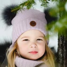 CALIKIDS SOFT TOUCH WAFFLE KNIT DUAL POMPOM HAT - ALMOND, LILAC