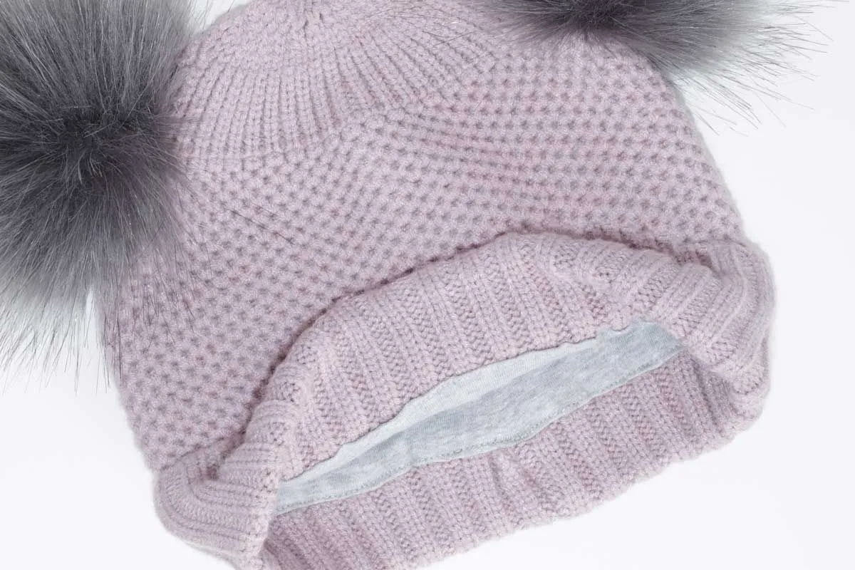 CALIKIDS SOFT TOUCH WAFFLE KNIT DUAL POMPOM HAT - ALMOND, LILAC