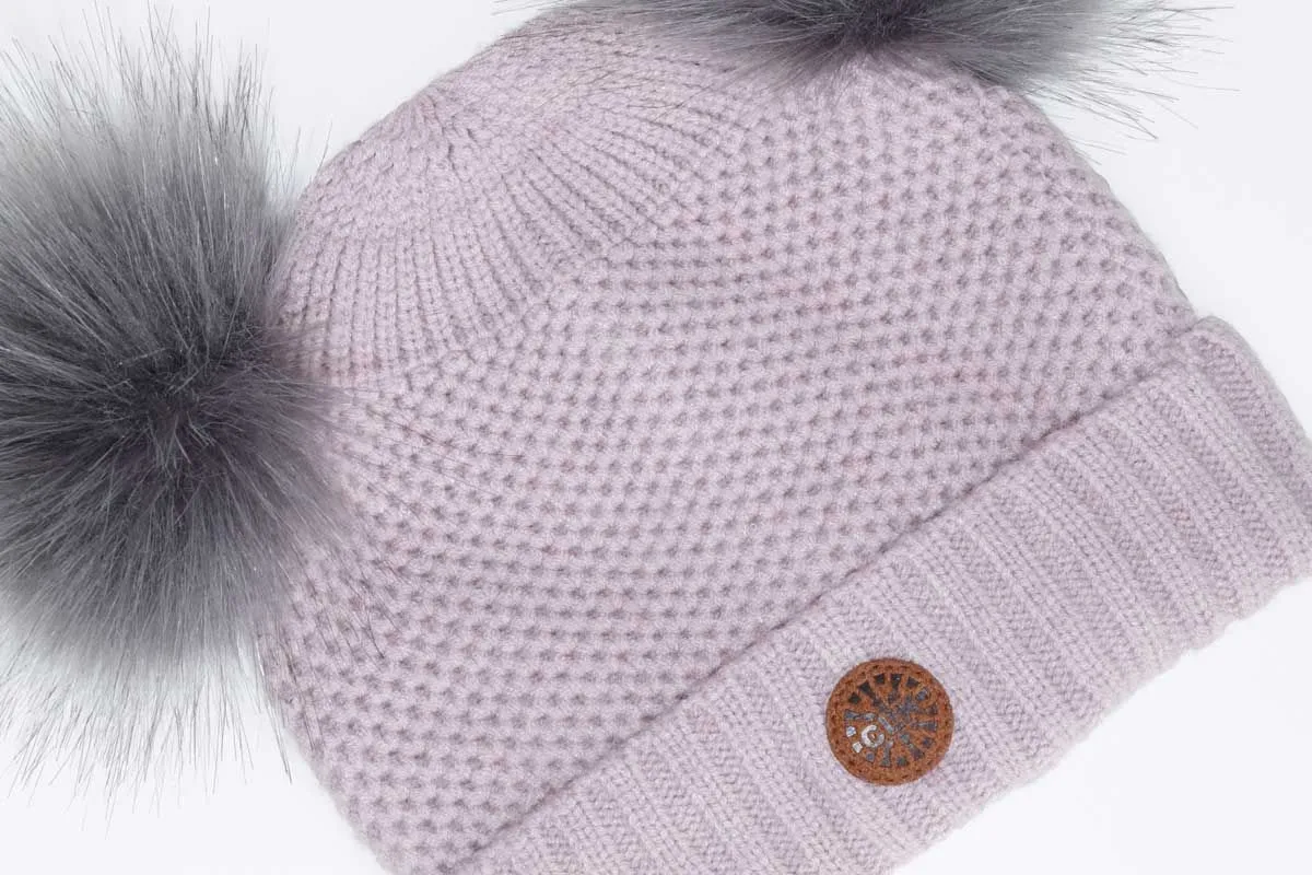 CALIKIDS SOFT TOUCH WAFFLE KNIT DUAL POMPOM HAT - ALMOND, LILAC