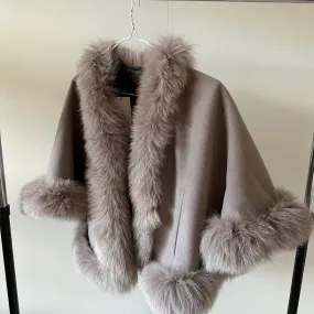 Cappuccino Women Coat Cape Trim Fox Fur, Women's Poncho Jacket lined, Elegant Women's coat