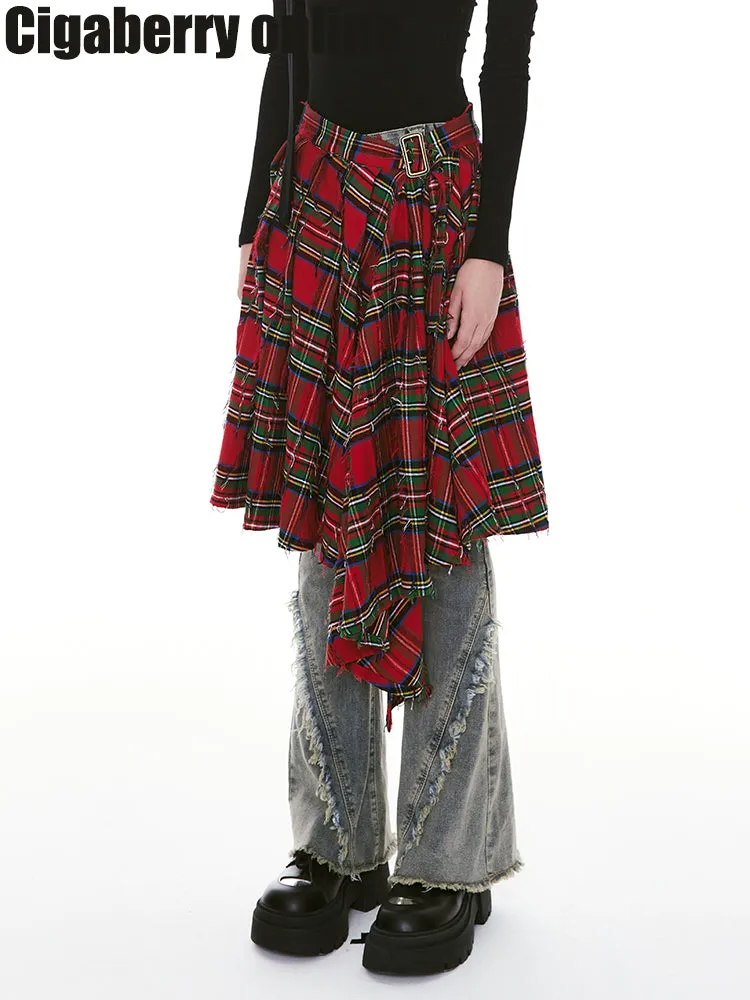Casual Checked Retro Pleats Retro Flare Skirt