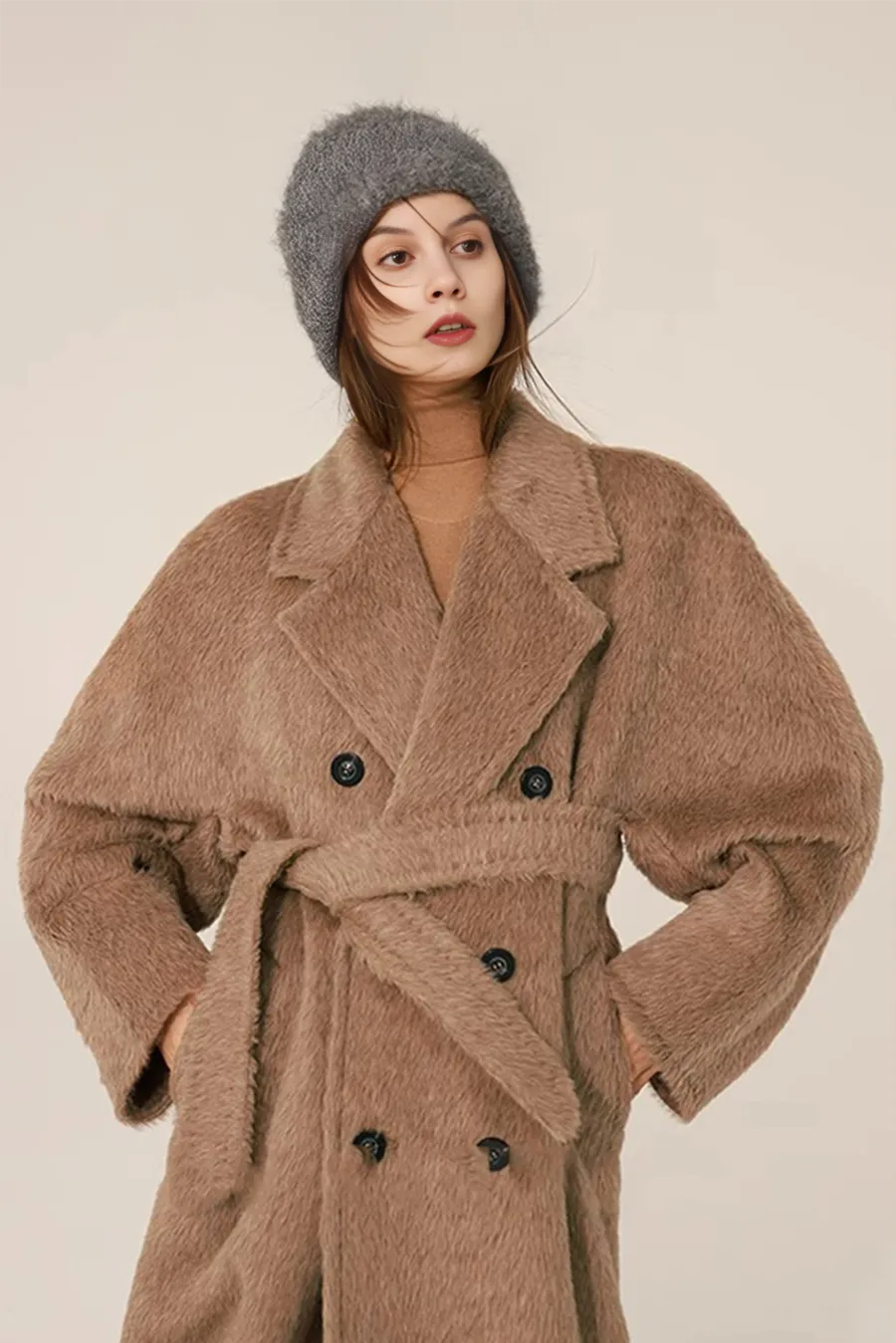 Classic Belted Double-breasted Alpaca Wool Coat
