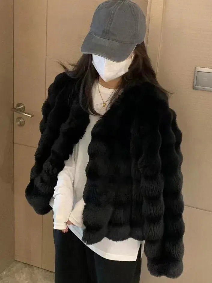 Collarless Faux Fur Coat