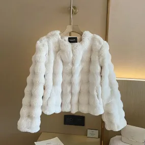 Collarless Faux Fur Coat
