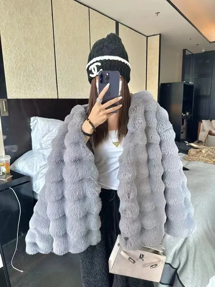 Collarless Faux Fur Coat