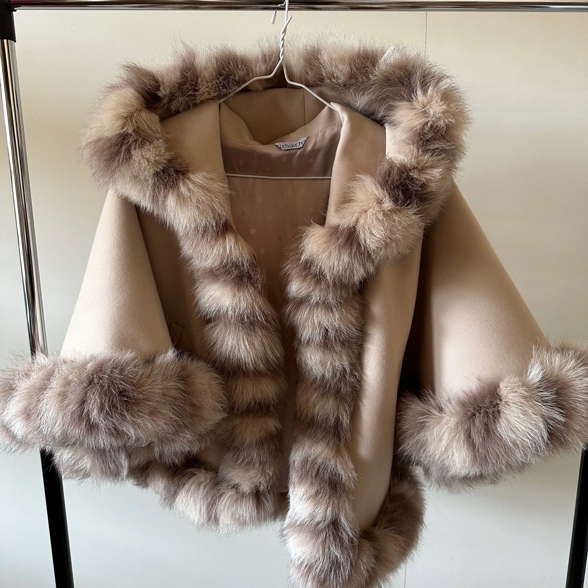 Cute Beige Women Winter Coat Cape Trim Fox Fur, Winter Women's Poncho Jacket lined, Warm Women's coat with a hood