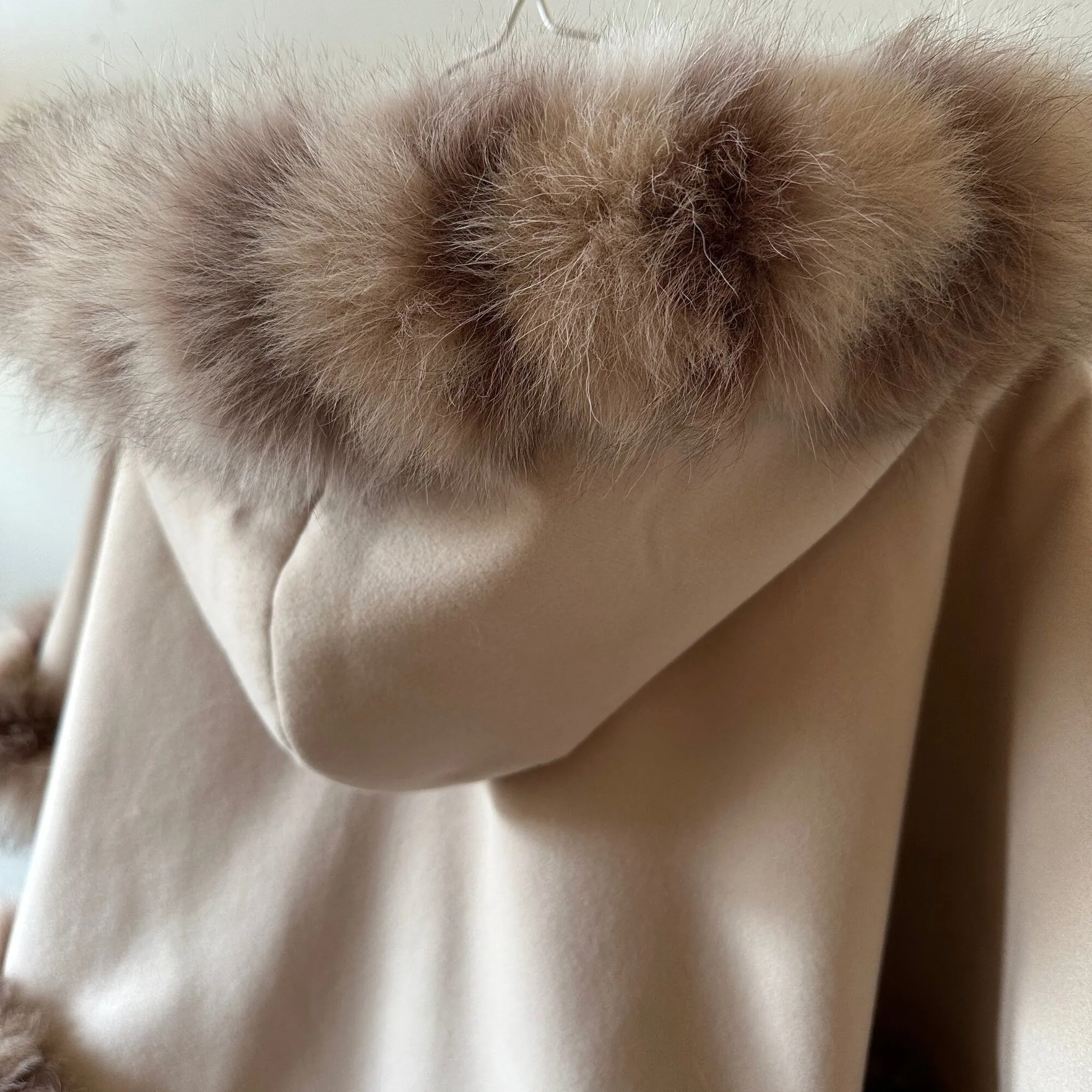 Cute Beige Women Winter Coat Cape Trim Fox Fur, Winter Women's Poncho Jacket lined, Warm Women's coat with a hood
