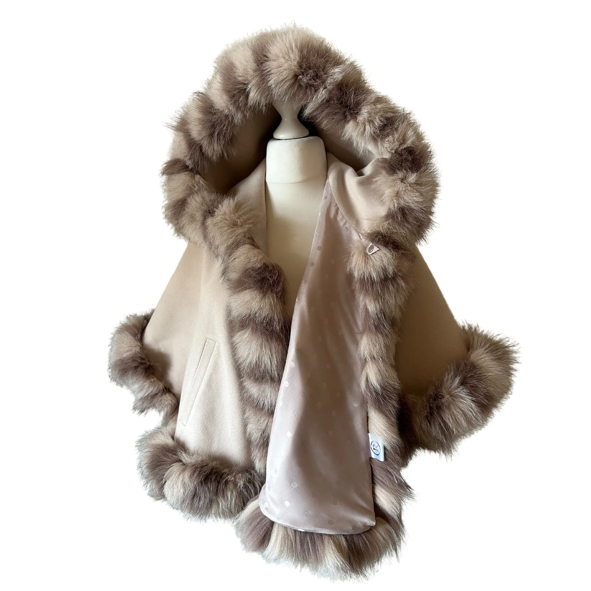 Cute Beige Women Winter Coat Cape Trim Fox Fur, Winter Women's Poncho Jacket lined, Warm Women's coat with a hood