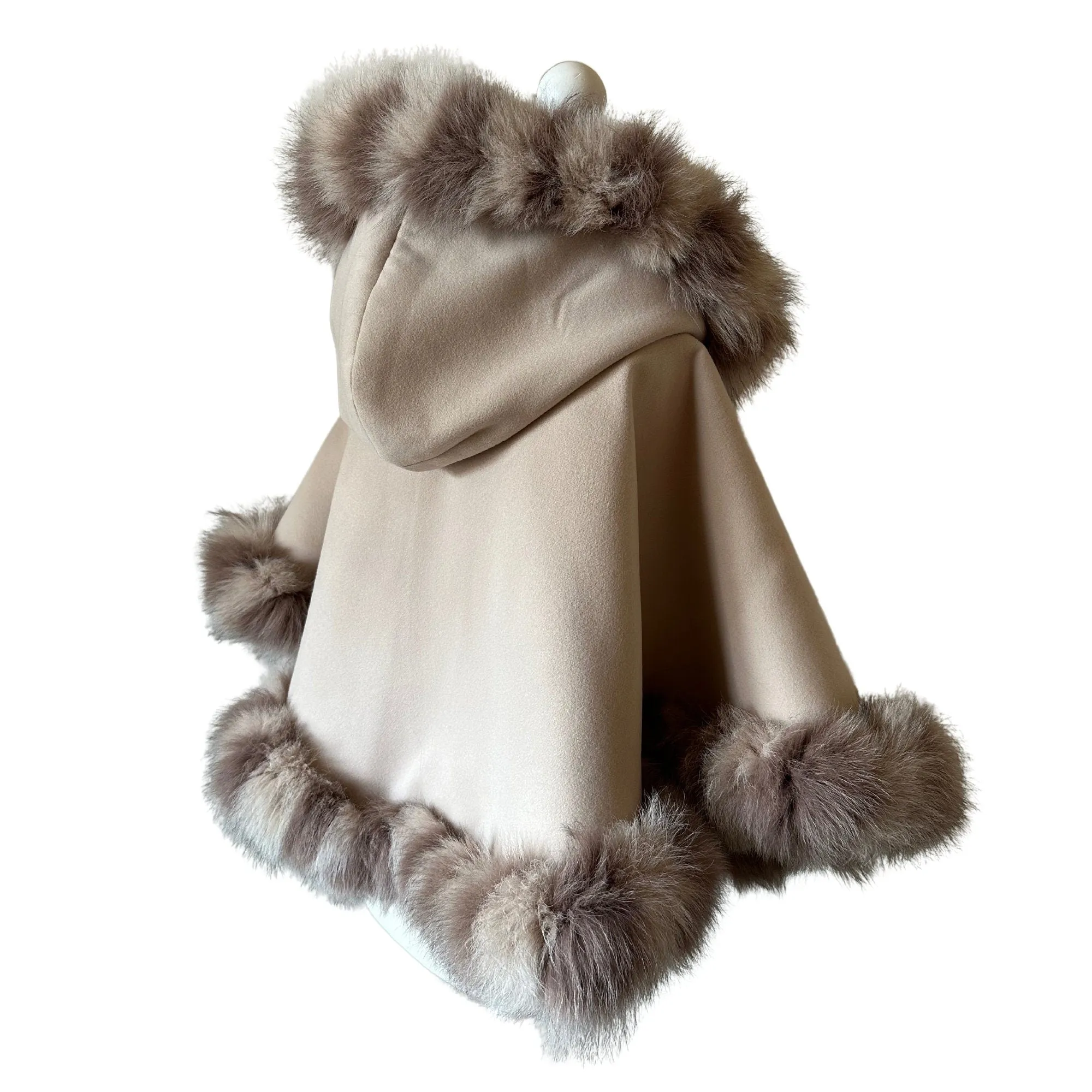 Cute Beige Women Winter Coat Cape Trim Fox Fur, Winter Women's Poncho Jacket lined, Warm Women's coat with a hood