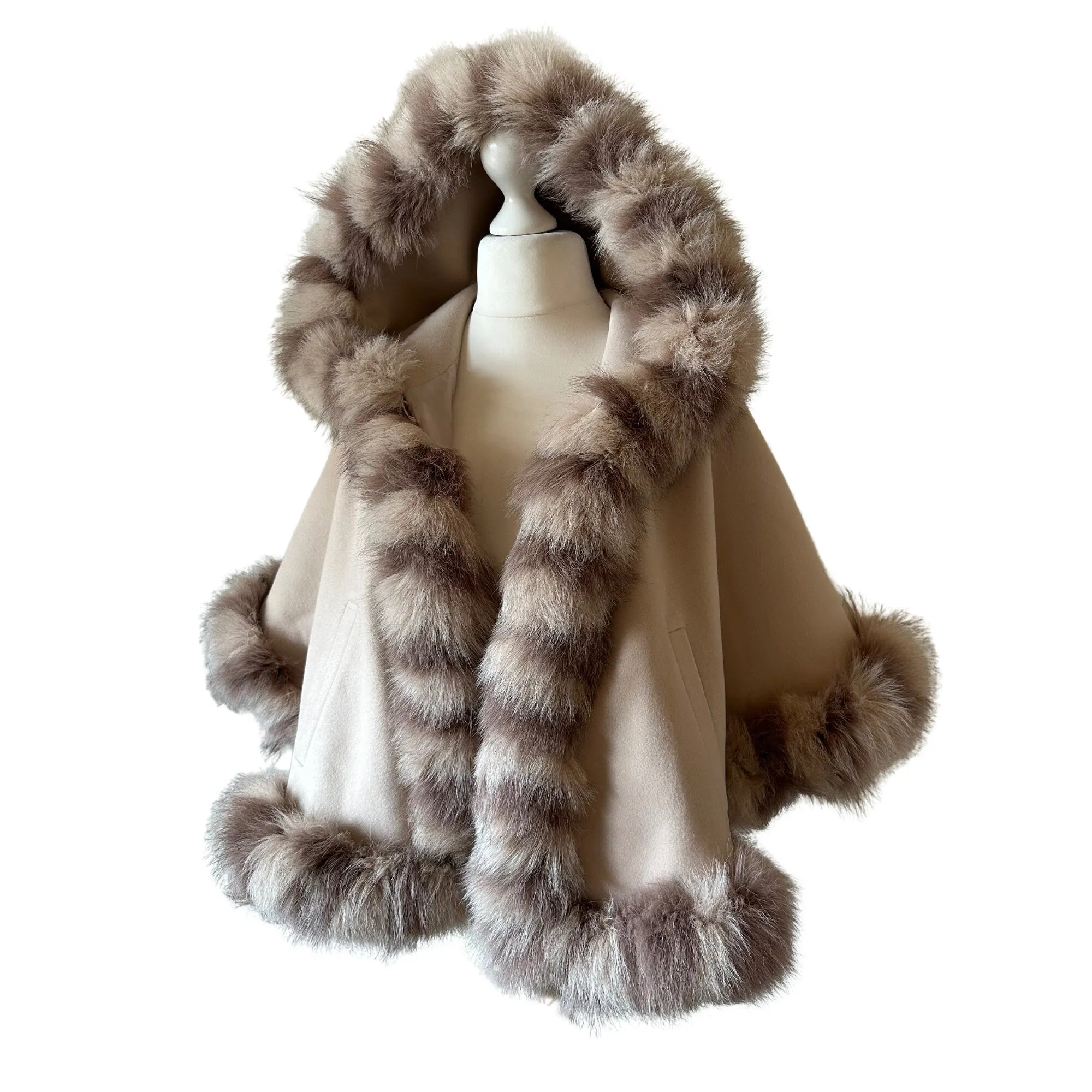 Cute Beige Women Winter Coat Cape Trim Fox Fur, Winter Women's Poncho Jacket lined, Warm Women's coat with a hood
