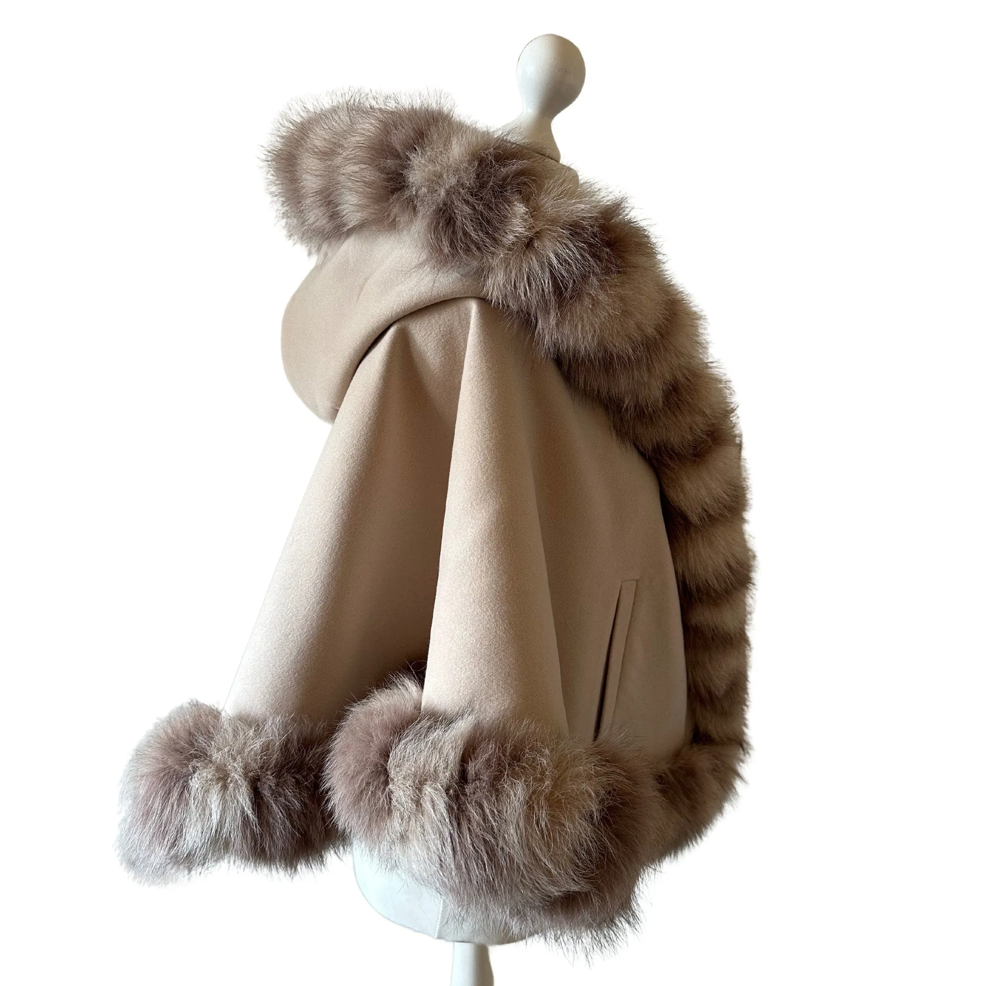 Cute Beige Women Winter Coat Cape Trim Fox Fur, Winter Women's Poncho Jacket lined, Warm Women's coat with a hood