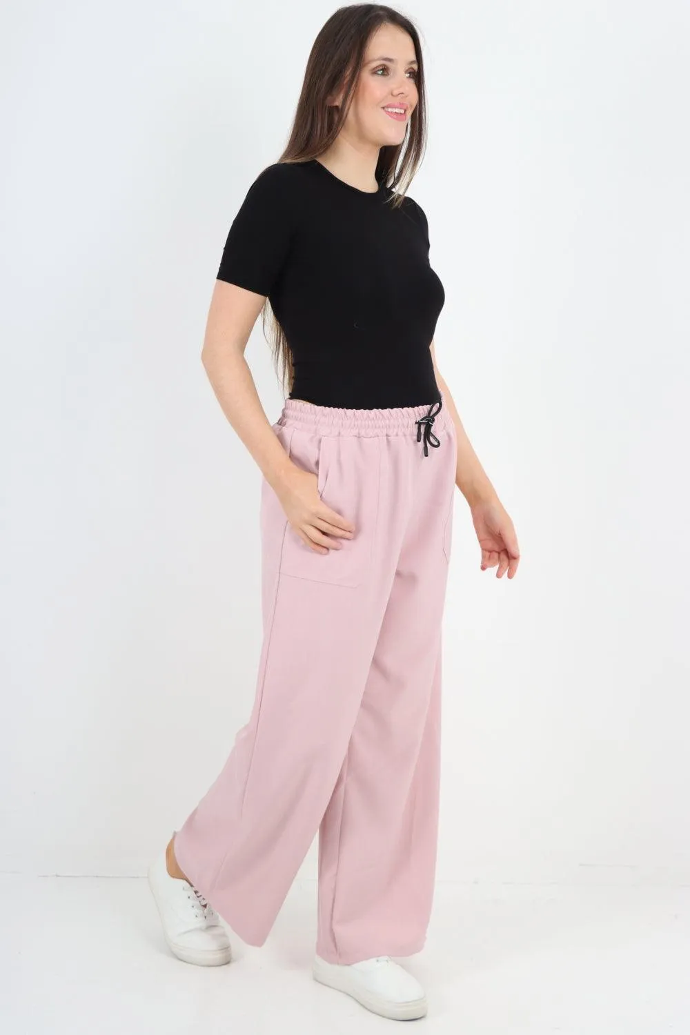 Elastic Waist Drawstring Wide Leg  Pants