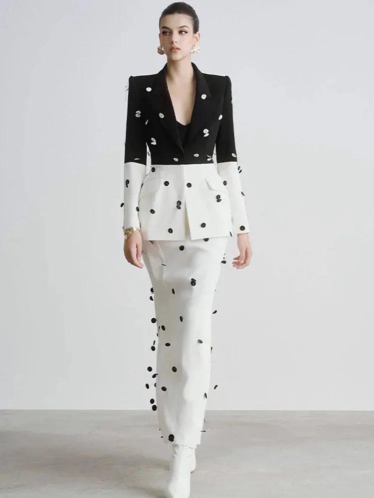 Elegant Beaded Sequins Blazer Long Skirt Evening Party Suit