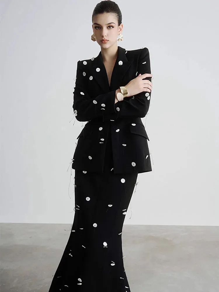 Elegant Beaded Sequins Blazer Long Skirt Evening Party Suit