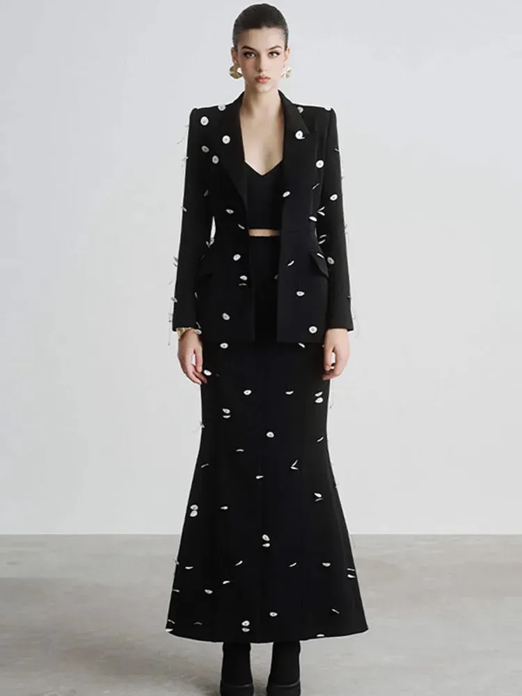 Elegant Beaded Sequins Blazer Long Skirt Evening Party Suit