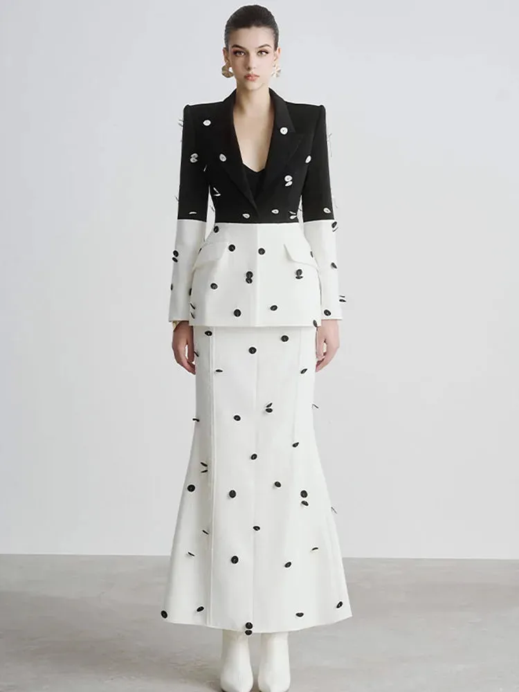 Elegant Beaded Sequins Blazer Long Skirt Evening Party Suit