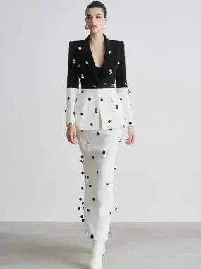 Elegant Beaded Sequins Blazer Long Skirt Evening Party Suit